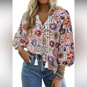 Boho Floral Print Peasant Blouse | Tassel Tie Bohemian Top